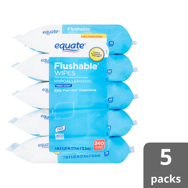 Flushable Wipes, Fresh Scent, 5 packs of 48 wipes, 240 wipes total