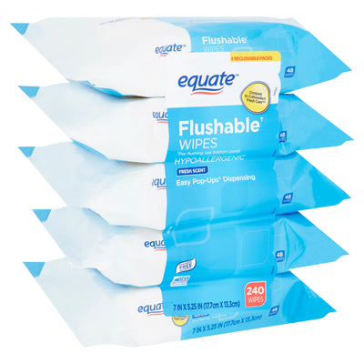 Flushable Wipes, Fresh Scent, 5 packs of 48 wipes, 240 wipes total