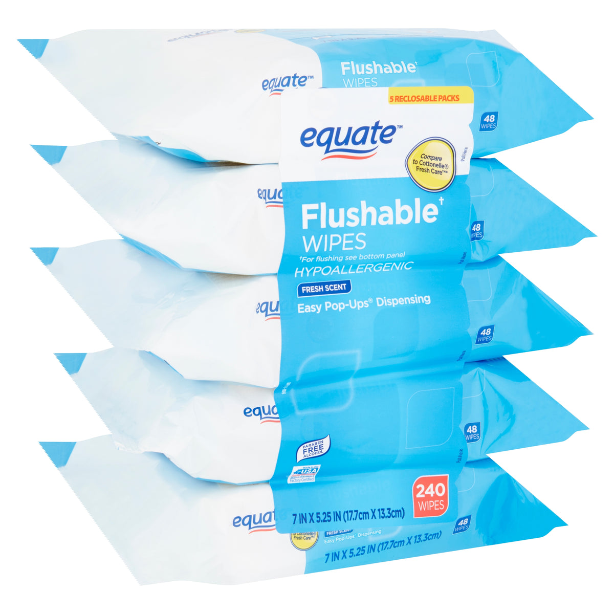 Flushable Wipes, Fresh Scent, 5 packs of 48 wipes, 240 wipes total