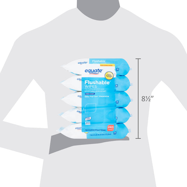 Flushable Wipes, Fresh Scent, 5 packs of 48 wipes, 240 wipes total