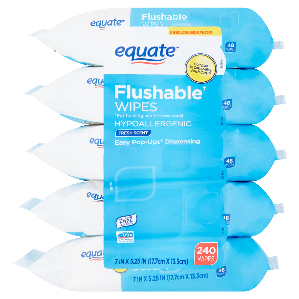 Flushable Wipes, Fresh Scent, 5 packs of 48 wipes, 240 wipes total