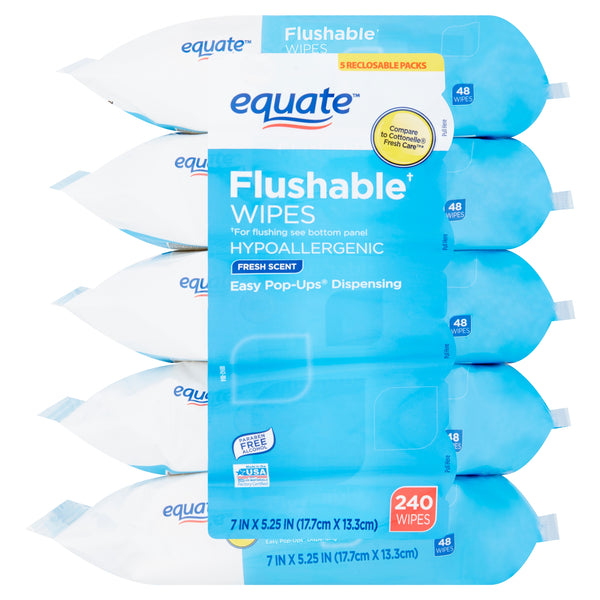 Flushable Wipes, Fresh Scent, 5 packs of 48 wipes, 240 wipes total